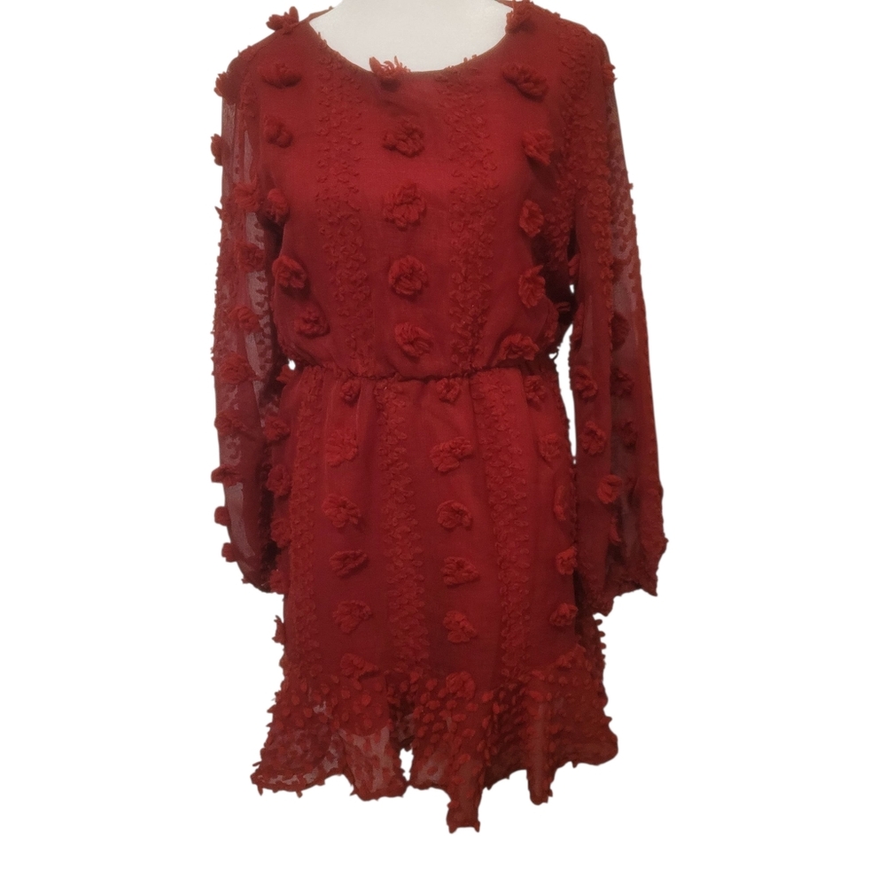&merci Red Pom Textured Flowy Long Sleeve Dress Size‎ Medium